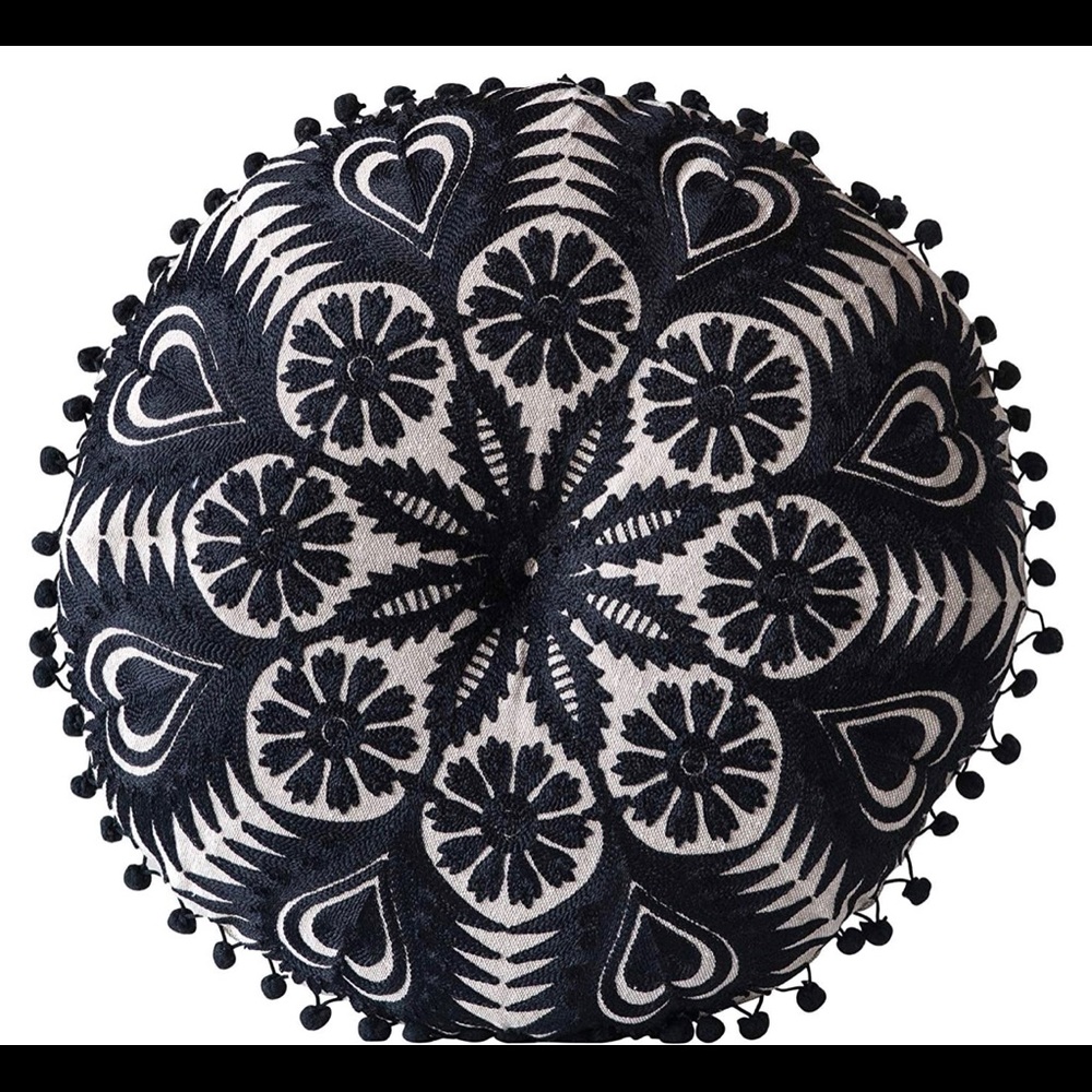Creative Co Op Round Embroidered Pom Pom Pillow